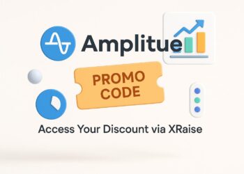 Illustrated cover image featuring the Amplitude logo and interface, highlighting the exclusive startup promo code available via XRaise