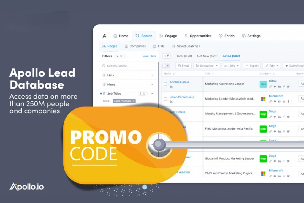 Apollo.io special offer banner promoting 50 percent discount for startup users