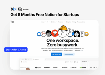 Apply for Notion for Startups workspace offer page showing “Get 6 Months Free Notion for Startups” banner with XRaise and Notion logos and a screenshot of the Notion app