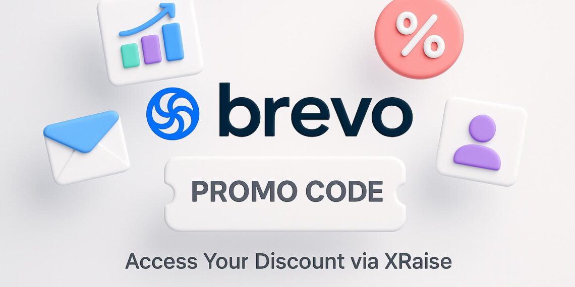 Illustrated cover image featuring the Brevo logo and interface, highlighting the exclusive startup promo code available via XRaise