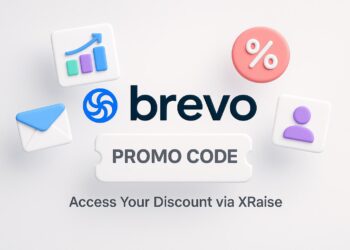 Illustrated cover image featuring the Brevo logo and interface, highlighting the exclusive startup promo code available via XRaise