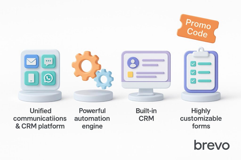 Visual breakdown of Brevo key feature with a caption promoting the available startup discount through XRaise