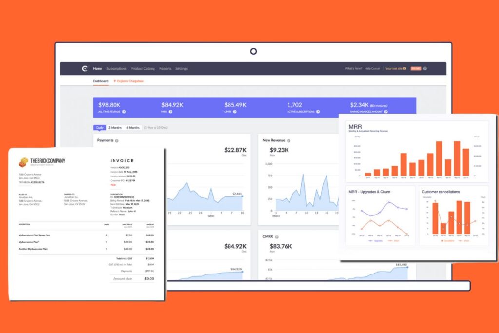 Screenshot of the Chargebee dashboard displaying billing workflows, analytics charts, or subscription management panels.