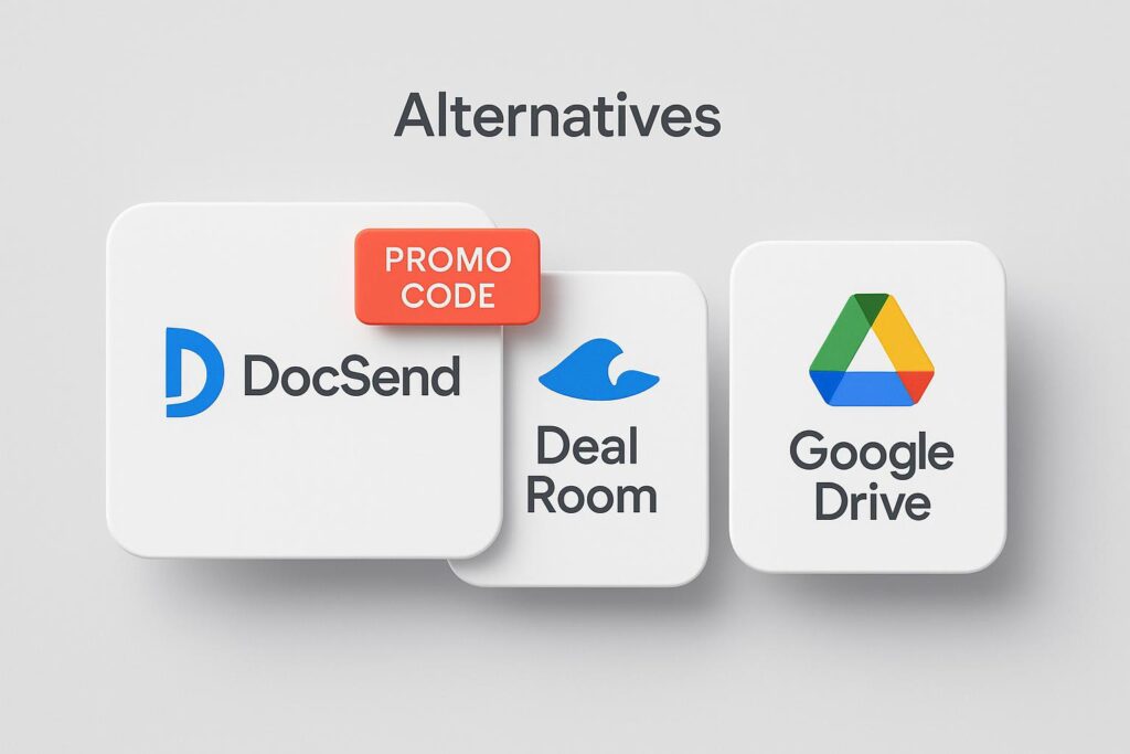 Comparison chart of DocSend vs top alternatives (e.g., Carta Deal Room, Google Drive), highlighting the benefits of using XRaise to claim the DocSend startup promo code