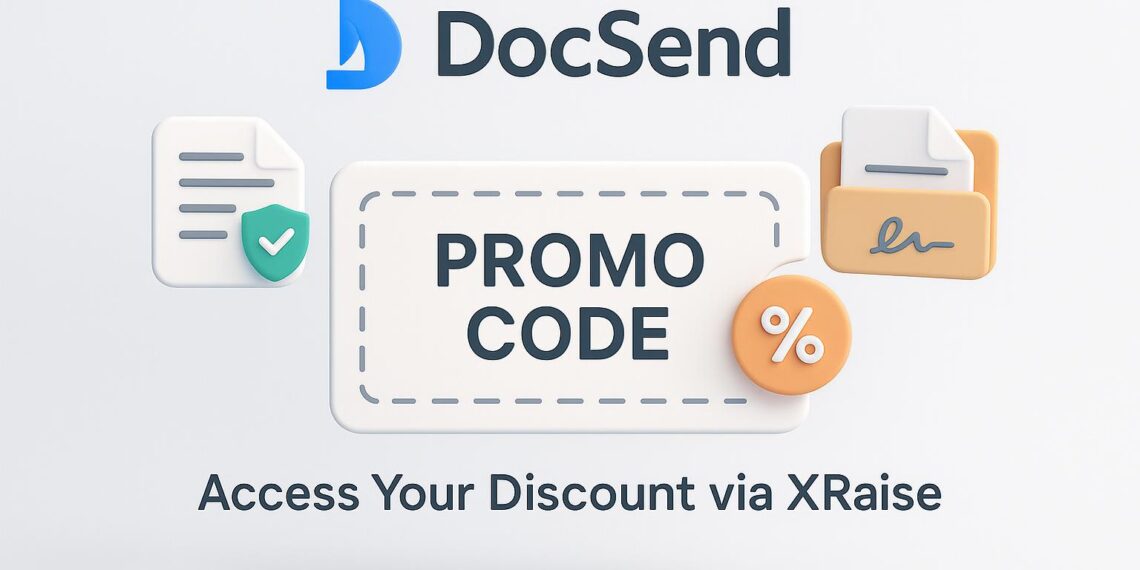 Illustrated cover image featuring the DocSend logo and interface, highlighting the exclusive startup promo code available via XRaise