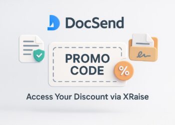 Illustrated cover image featuring the DocSend logo and interface, highlighting the exclusive startup promo code available via XRaise
