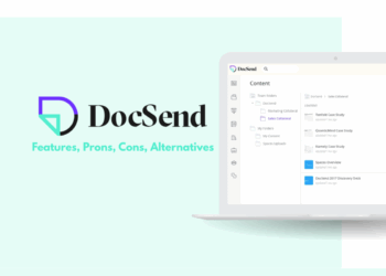 Visual illustration of DocSend branding with icons showing fundraising, analytics, and secure document sharing for early stage startups