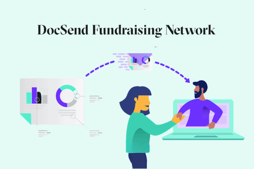 Infographic outlining DocSend features for startups such as virtual data rooms, electronic signatures, analytics, and version updates