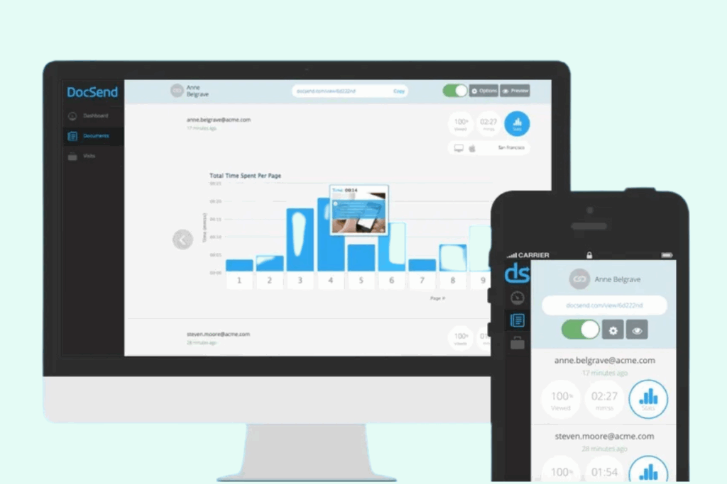 Screenshot of the DocSend platform showing document tracking tools, sharing controls, and an engagement analytics dashboard
