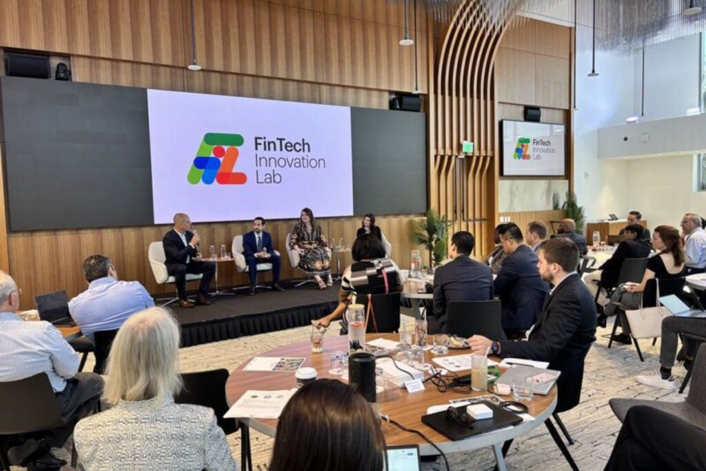 Founders presenting their fintech solutions on stage during Demo Day at the FinTech Innovation Lab Accelerator.