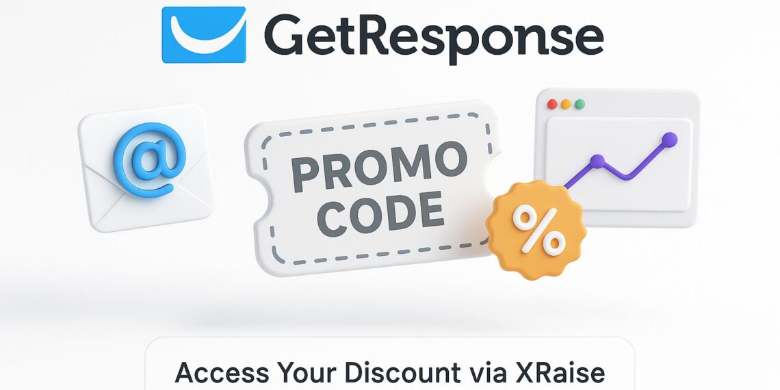 Illustrated cover image featuring the GetResponse logo and interface, highlighting the exclusive startup promo code available via XRaise