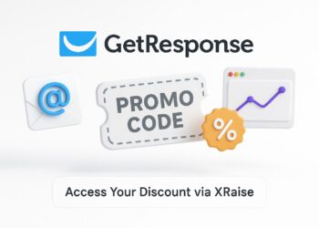 Illustrated cover image featuring the GetResponse logo and interface, highlighting the exclusive startup promo code available via XRaise