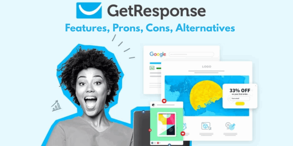 Illustration showing GetResponse all-in-one dashboard for email, automation, and landing pages tailored to startups