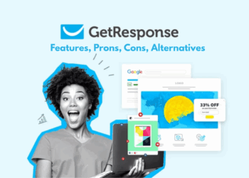 Illustration showing GetResponse all-in-one dashboard for email, automation, and landing pages tailored to startups
