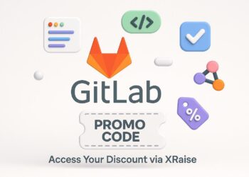 Illustrated cover image featuring the GitLab logo and interface, highlighting the exclusive startup promo code available via XRaise