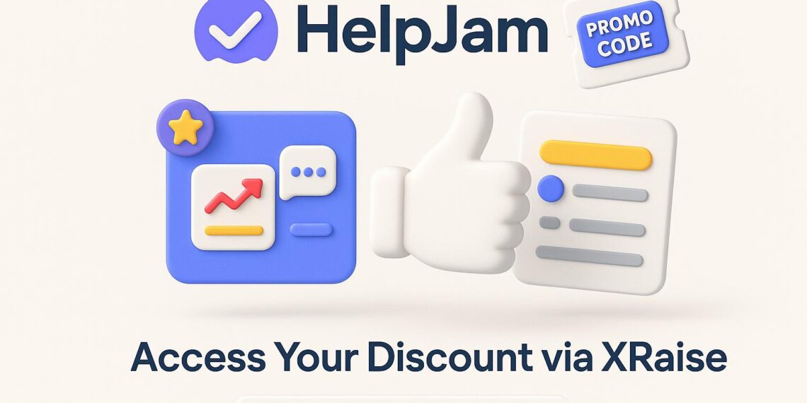 Illustrated cover image featuring the HelpJam logo and interface, highlighting the exclusive startup promo code available via XRaise