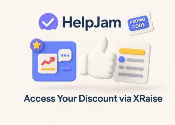 Illustrated cover image featuring the HelpJam logo and interface, highlighting the exclusive startup promo code available via XRaise