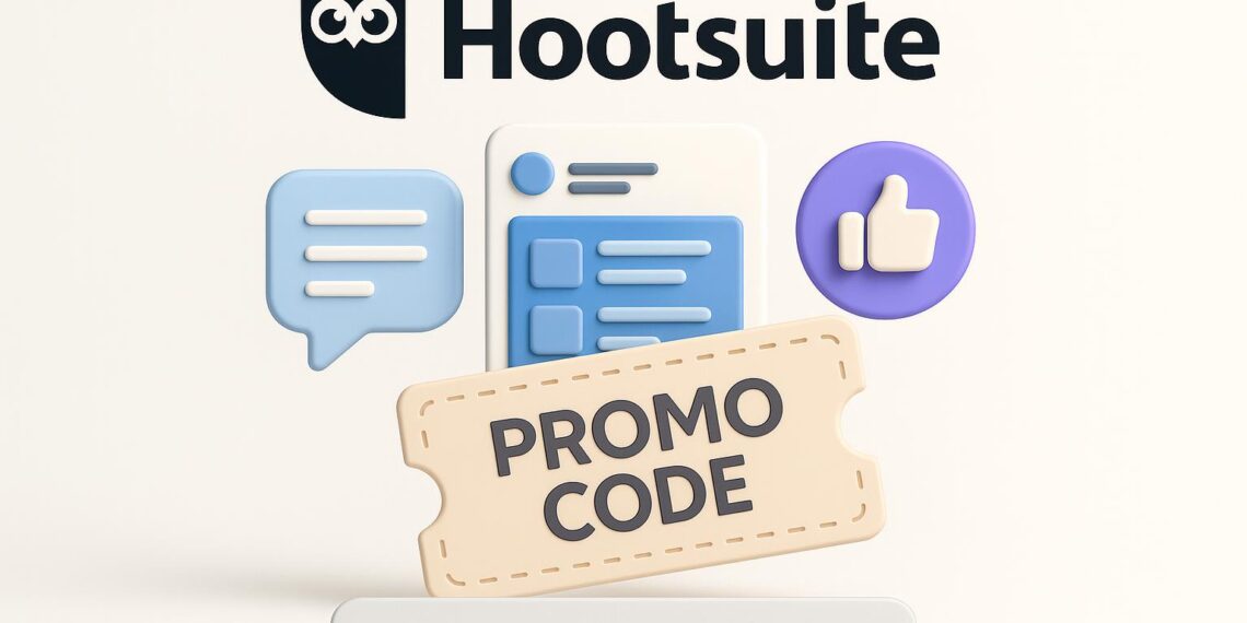 Illustrated cover image featuring the Hootsuite logo and interface, highlighting the exclusive startup promo code available via XRaise