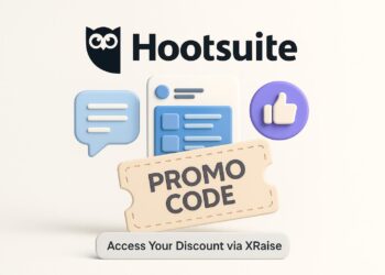 Illustrated cover image featuring the Hootsuite logo and interface, highlighting the exclusive startup promo code available via XRaise