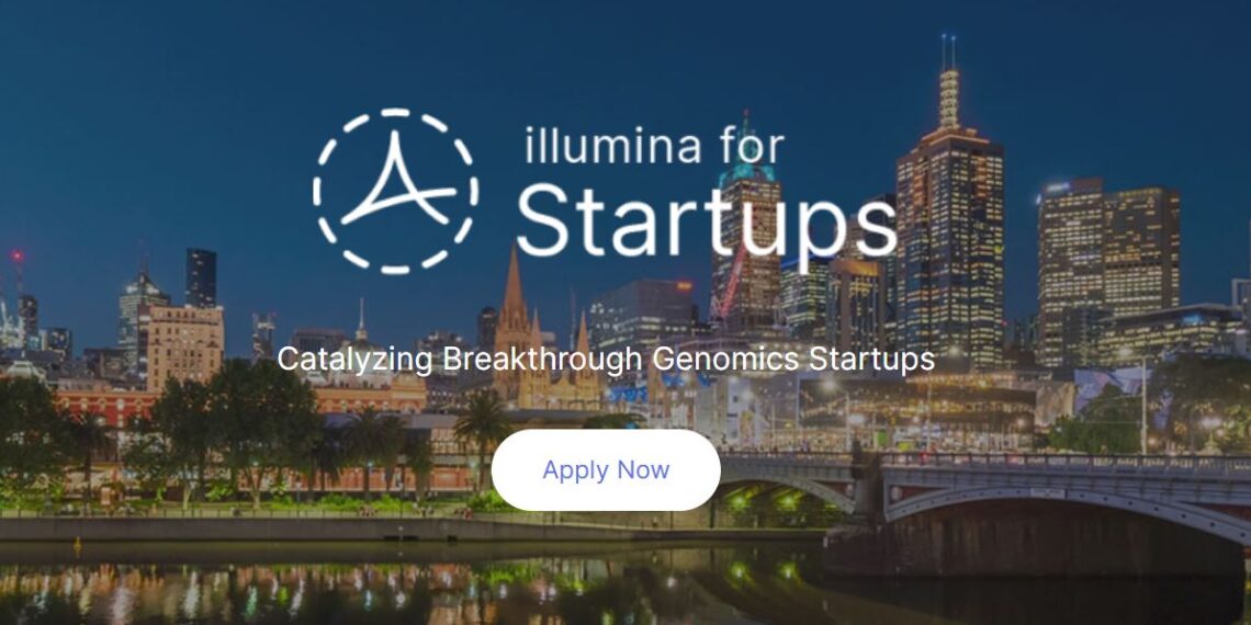 Cover image for Illumina for Startups, featuring branding elements that highlight support for genomics innovators, early-stage funding, and access to sequencing technology.