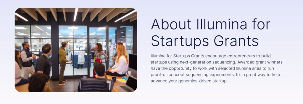 Illustration representing the Illumina for Startups Grants program, highlighting access to sequencing platforms, reagents, and technical support for early-stage genomics startups.