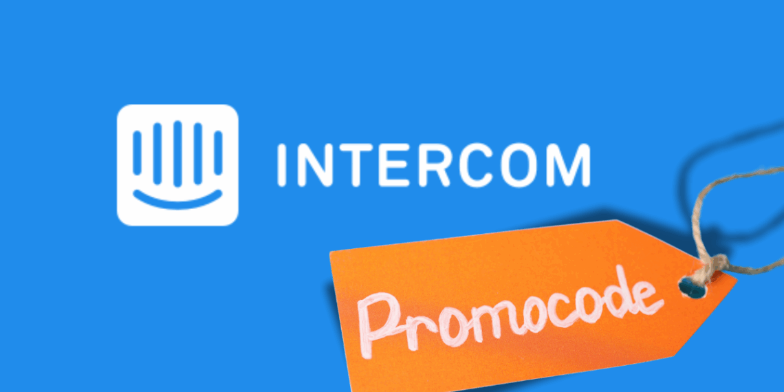 Screenshot of Intercom dashboard with a highlighted promo code banner for startups offering discounted access