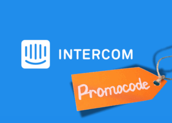 Screenshot of Intercom dashboard with a highlighted promo code banner for startups offering discounted access