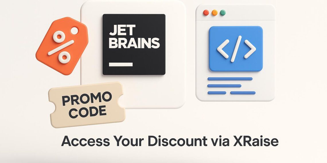 Illustrated cover image featuring the JetBrains logo and interface, highlighting the exclusive startup promo code available via XRaise