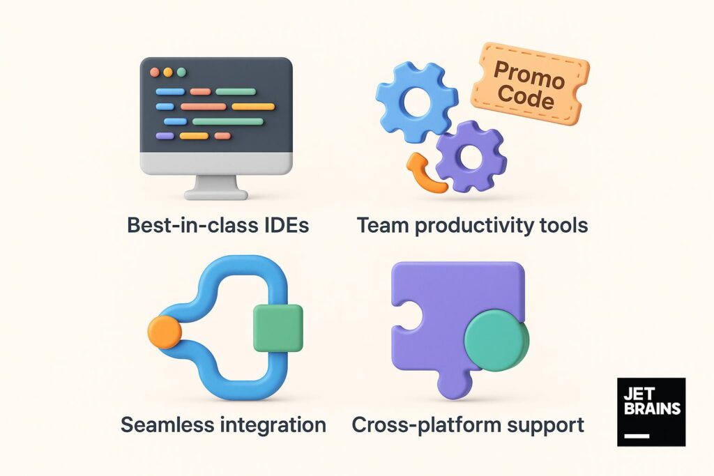 Visual breakdown of JetBrains key feature with a caption promoting the available startup discount through XRaise