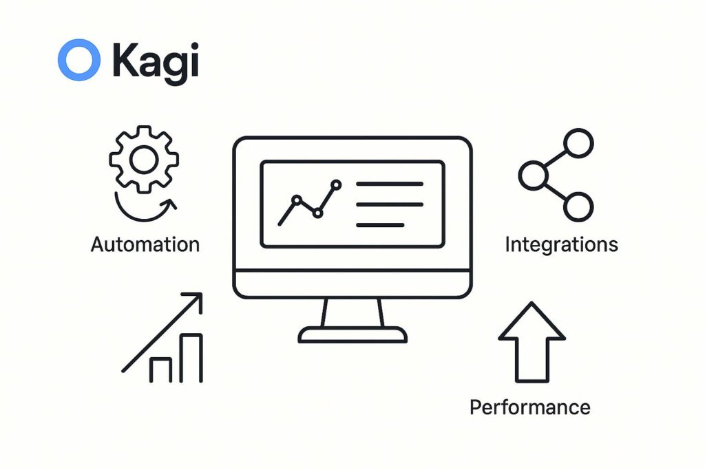 Visual representation of key features offered by Kagi Search, including dashboard, integrations, and automation tools relevant for startup use.