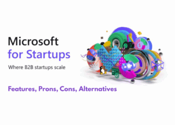 Illustration showing startup founders collaborating with Microsoft Azure, AI, and cloud services tools.