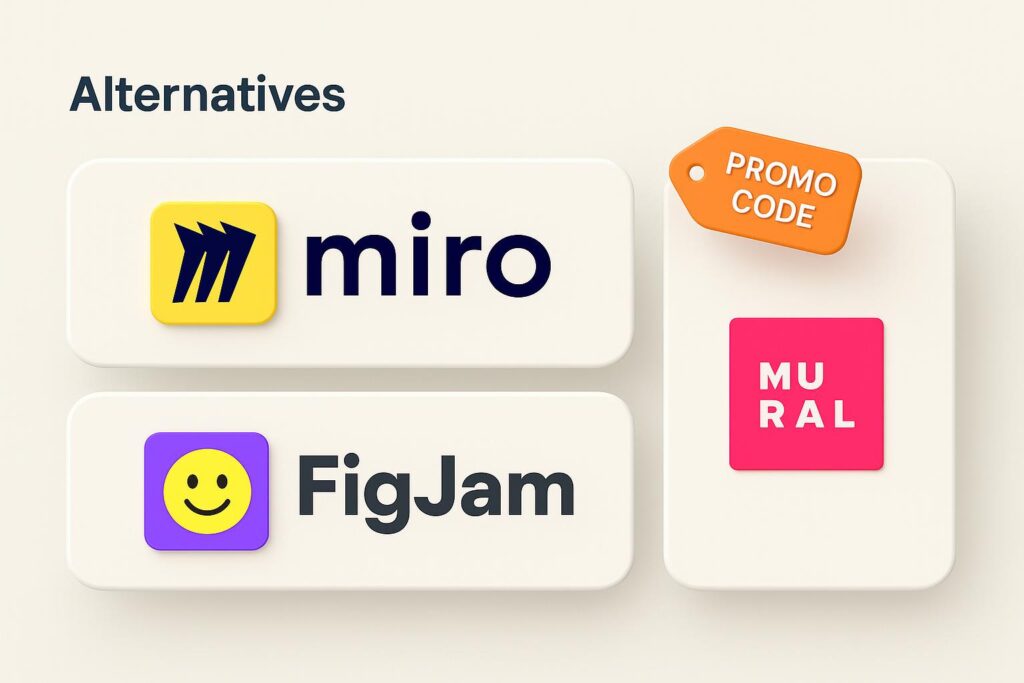 Comparison chart of Miro vs top alternatives (e.g., FigJam, Mural), highlighting the benefits of using XRaise to claim the Miro startup promo code