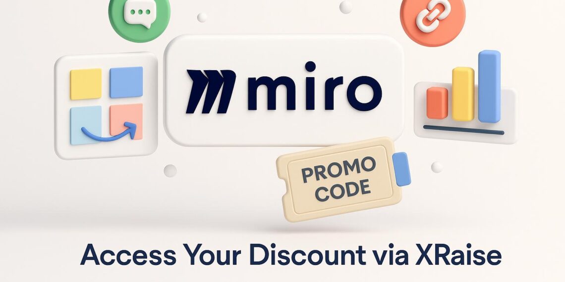 Illustrated cover image featuring the Miro logo and interface, highlighting the exclusive startup promo code available via XRaise