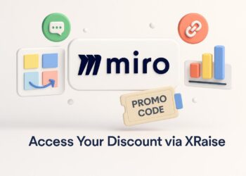 Illustrated cover image featuring the Miro logo and interface, highlighting the exclusive startup promo code available via XRaise