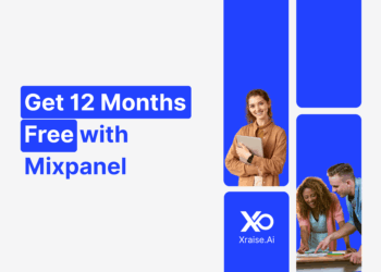 Startup founders discussing product analytics with banner text “Get 12 Months Free with Mixpanel” via XRaise.ai.