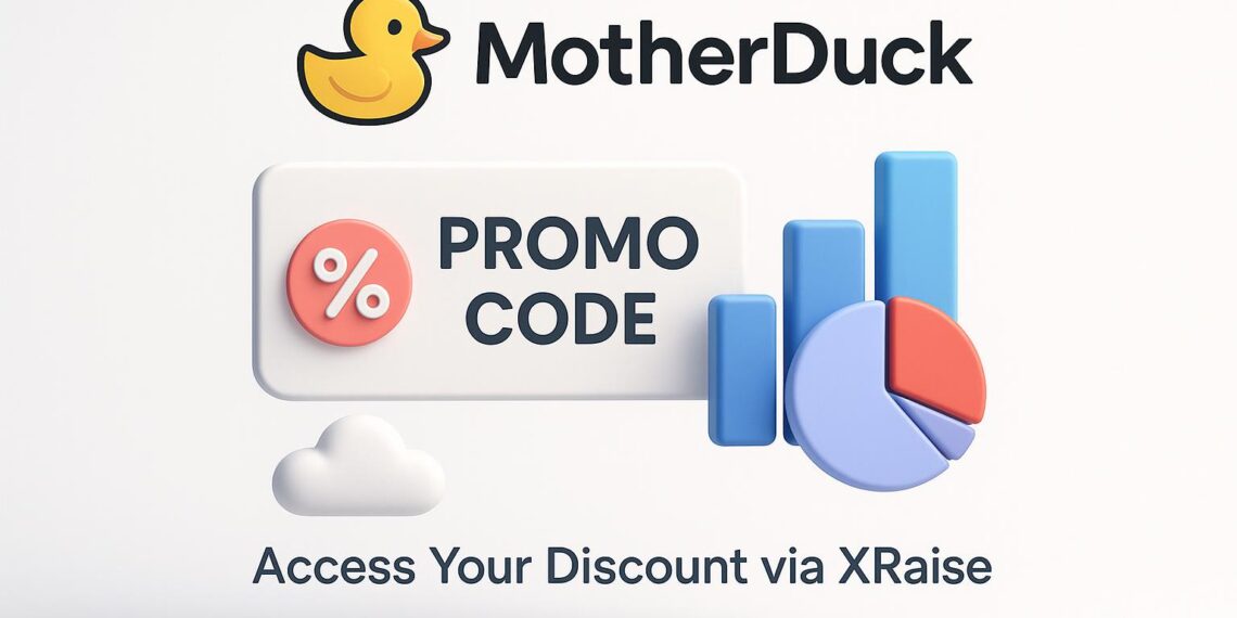 Illustrated cover image featuring the MotherDuck logo and interface, highlighting the exclusive startup promo code available via XRaise