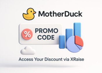 Illustrated cover image featuring the MotherDuck logo and interface, highlighting the exclusive startup promo code available via XRaise