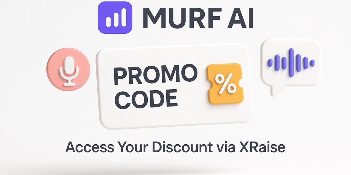 Illustrated cover image featuring the Murf AI logo and interface, highlighting the exclusive startup promo code available via XRaise
