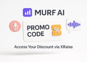 Illustrated cover image featuring the Murf AI logo and interface, highlighting the exclusive startup promo code available via XRaise