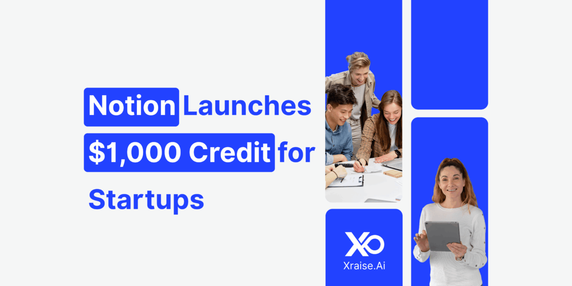 Startup founders collaborating on laptops, promoting Notion’s $1,000 credit for startups through XRaise.