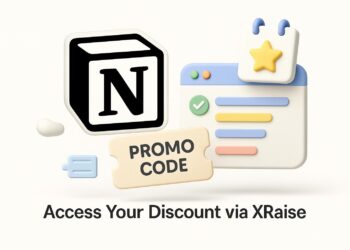 Illustrated cover image featuring the Notion logo and interface, highlighting the exclusive startup promo code available via XRaise