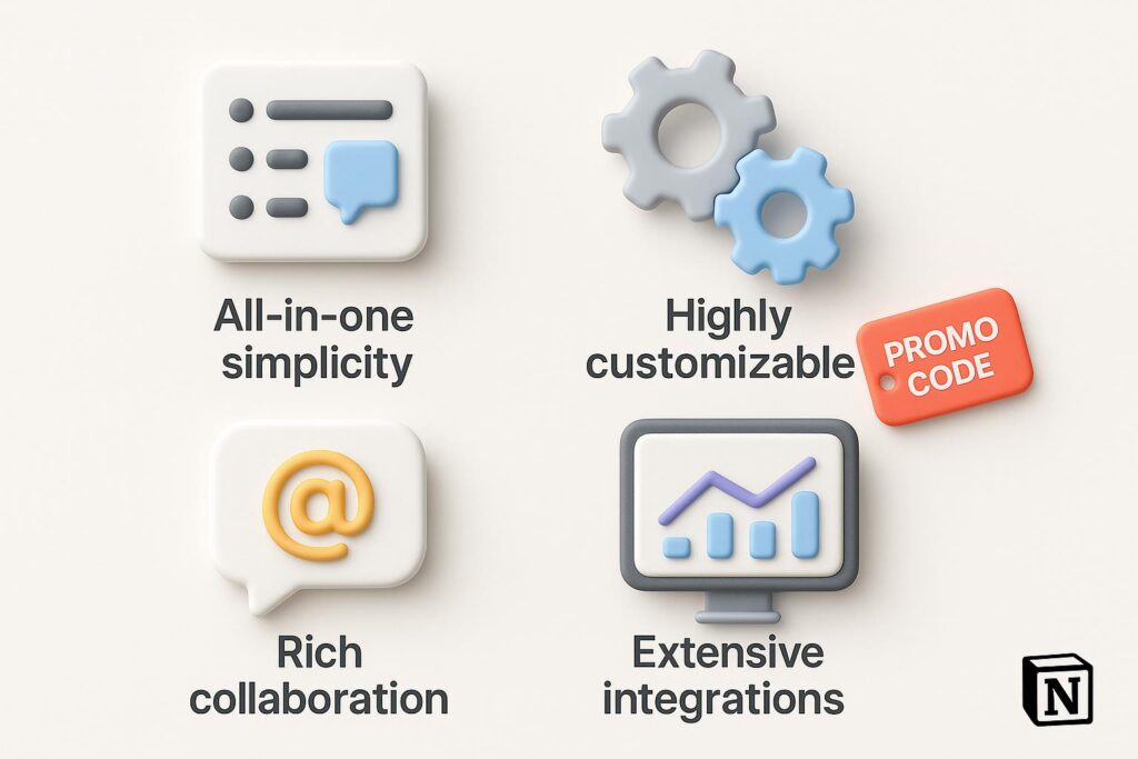 Visual breakdown of Notion key feature with a caption promoting the available startup discount through XRaise