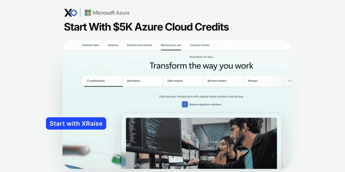 Azure credits for startups banner showing $5K Azure cloud credits and Microsoft Azure platform