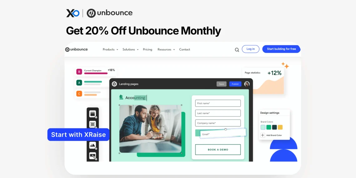 Unbounce discount 20% off monthly plan showing landing page builder interface and startup team