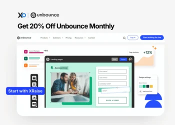 Unbounce discount 20% off monthly plan showing landing page builder interface and startup team