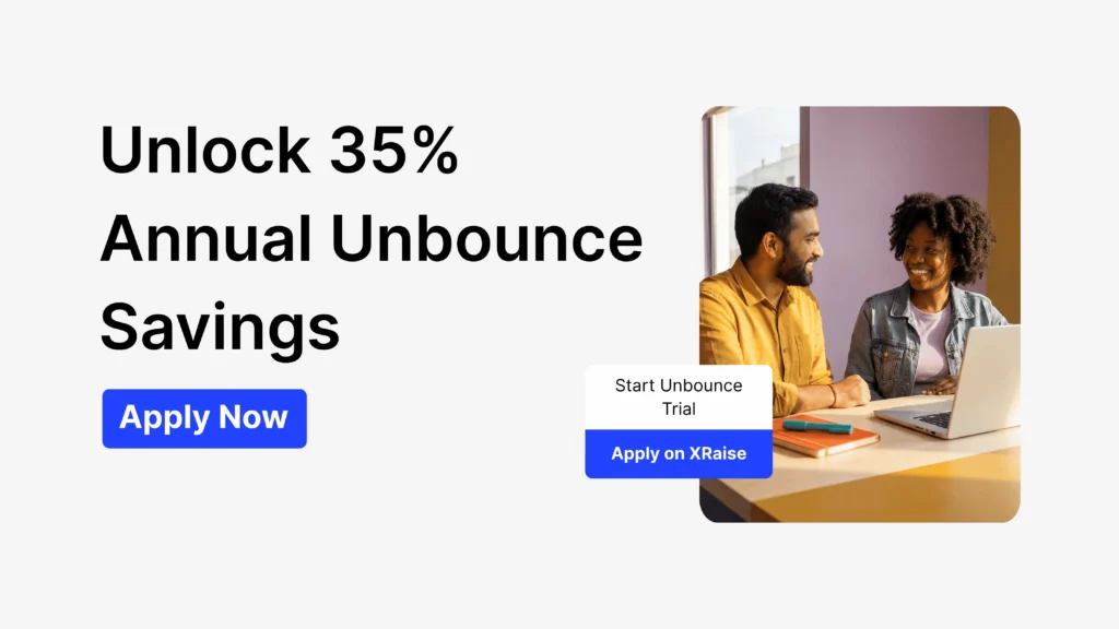 Unbounce discount banner showing 35% annual savings and startup team reviewing landing pages