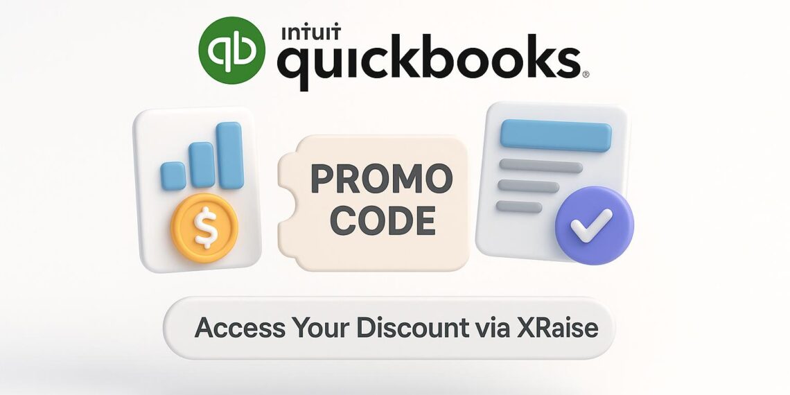Illustrated cover image featuring the QuickBooks logo and interface, highlighting the exclusive startup promo code available via XRaise