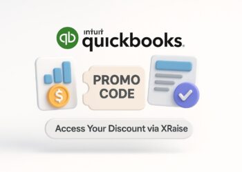 Illustrated cover image featuring the QuickBooks logo and interface, highlighting the exclusive startup promo code available via XRaise