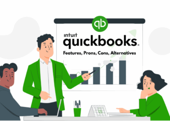 Illustration showing the QuickBooks logo with charts, invoices, and startup icons to represent financial tools for startups.