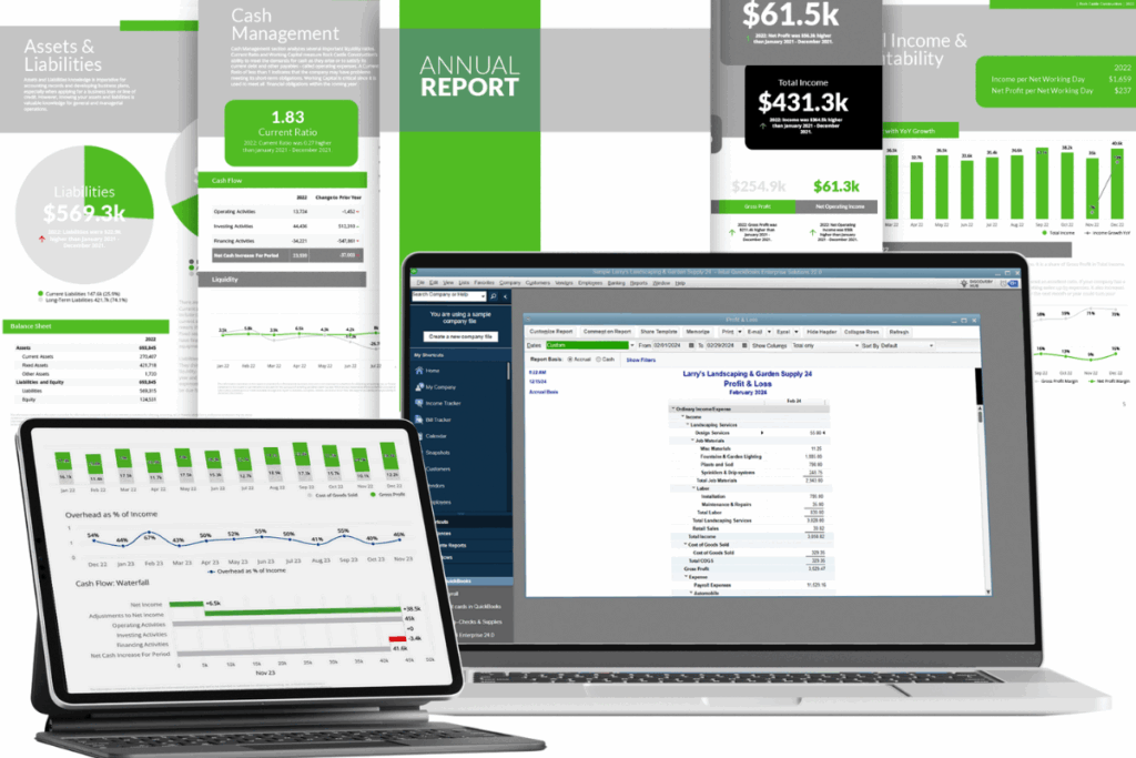 Screenshot of the QuickBooks Online dashboard showing financial summaries, invoices, and navigation menus for small businesses.
